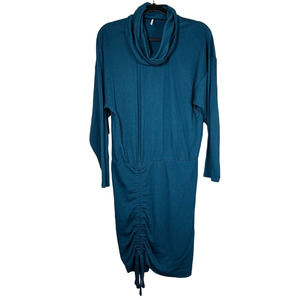 Free People Small Teal Sundown Long Sleeve‎ Cowl Neck Ruched Mini Dress